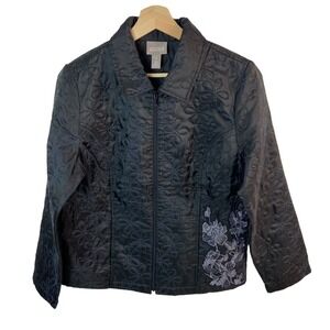Chicos Jacket‎ Size 1 Women's Medium Quilted Embroidered Floral full zip casual